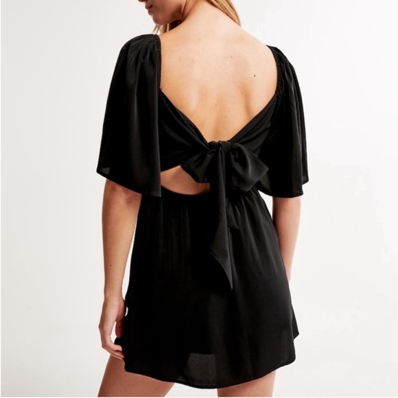 Abercrombie & Fitch Black Angel Sleeve V Neck Bow Mini Skort Romper Dress SZ XS - Picture 3 of 10